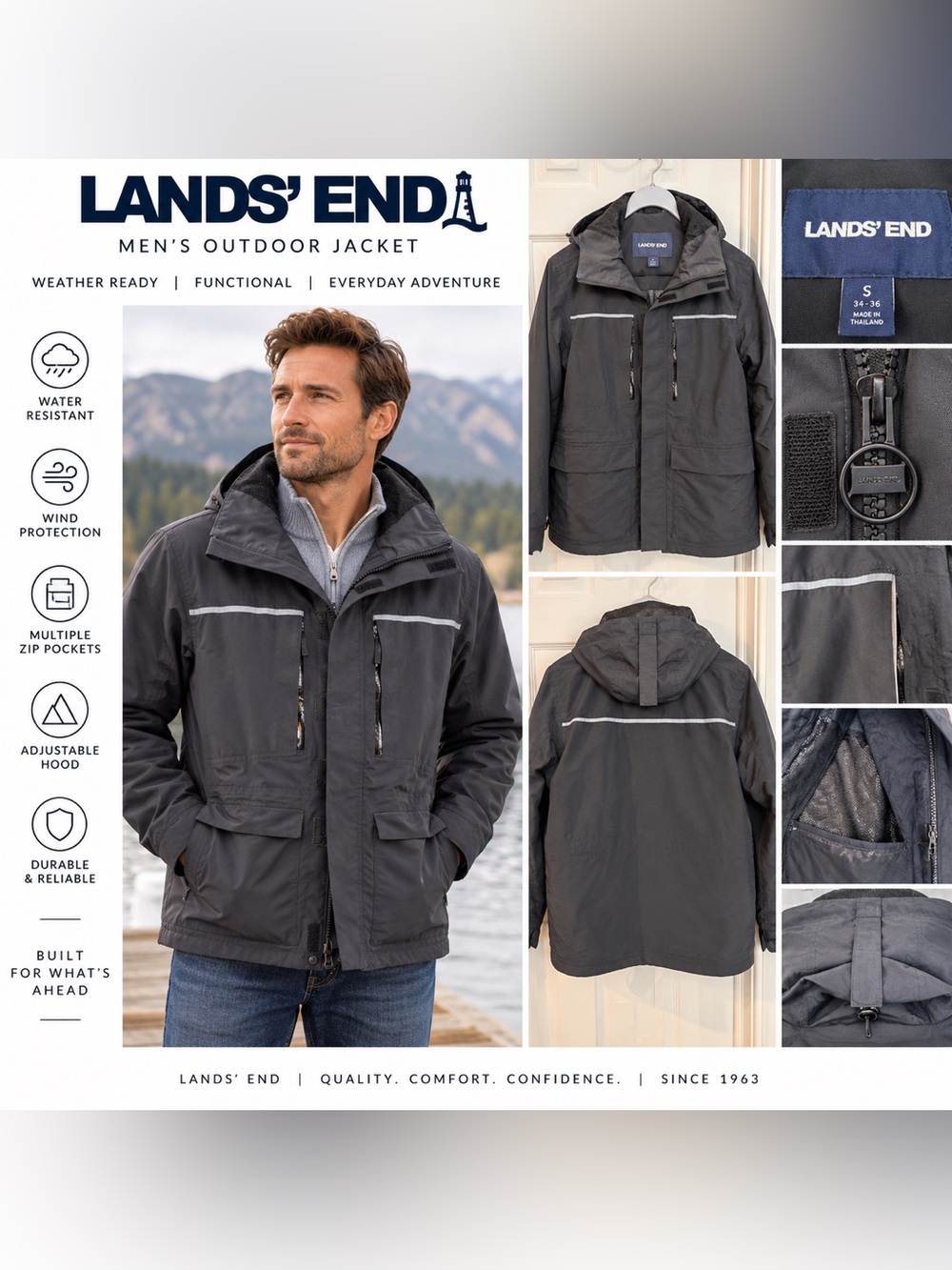 Lands’ End Men’s Small 34-36 Black Hooded Outdoor Jacket Reflective Utility